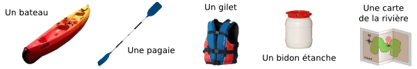 Liste du matériel mis à disposition pour une location : un bateau, une pagaie, un gilet, un bidon étanche et une carte de la rivière.